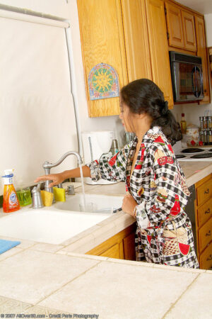 Petite Asian housewife Adena gets herself off at the kitchen sink