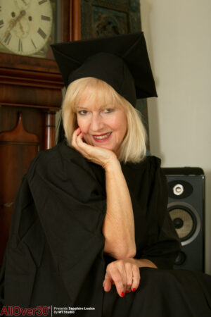 62 year old grad grandma Sapphire Louise loses her gown and sexy panties